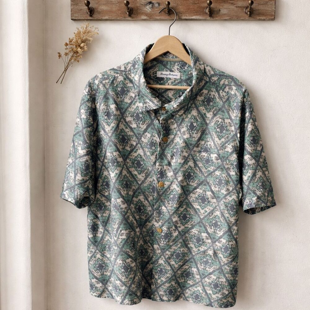 Tommy Bahama "Deep Water Diamond" Silk Blend Camp Shirt Mens XXL/TTG Green